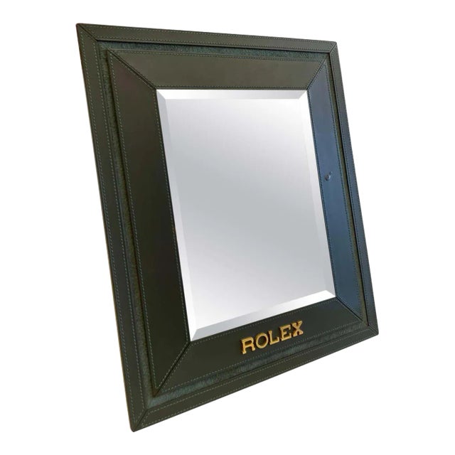 Original Vintage Rolex Swiss-Made Green Stitched Leather Display Mirror For Sale