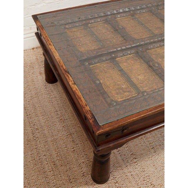 Asian Late 20th Century East Asian Wood Door Coffee Table With Brass-Copper Inlay & Wood Base For Sale - Image 3 of 8