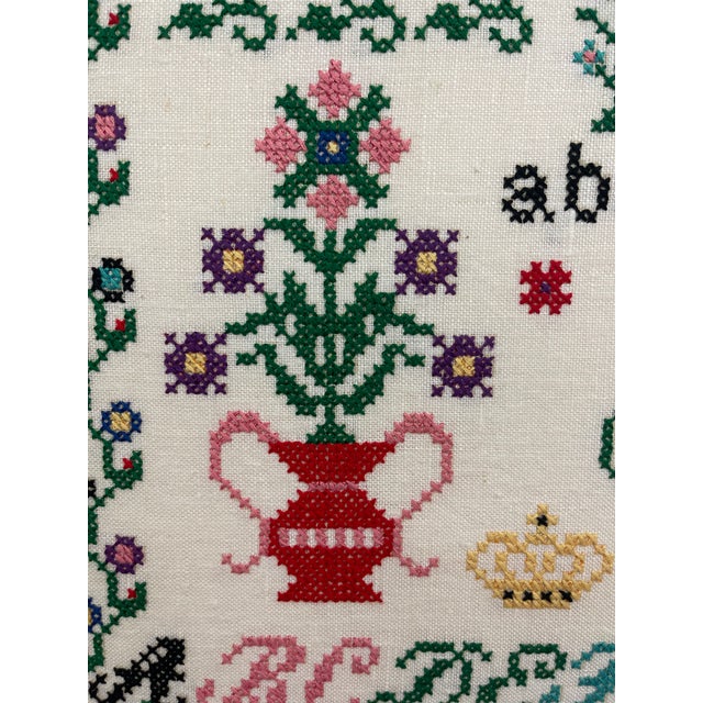 Vintage Hand-Stitched Cross Stitch Alphabet Sampler Needlework Folk Art Textile For Sale In Seattle - Image 6 of 10