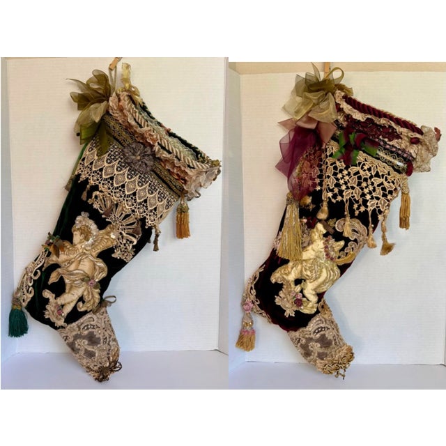Victorian Style Burgundy Velvet Christmas Stocking With Cherub, Lace & Tassels For Sale - Image 14 of 14