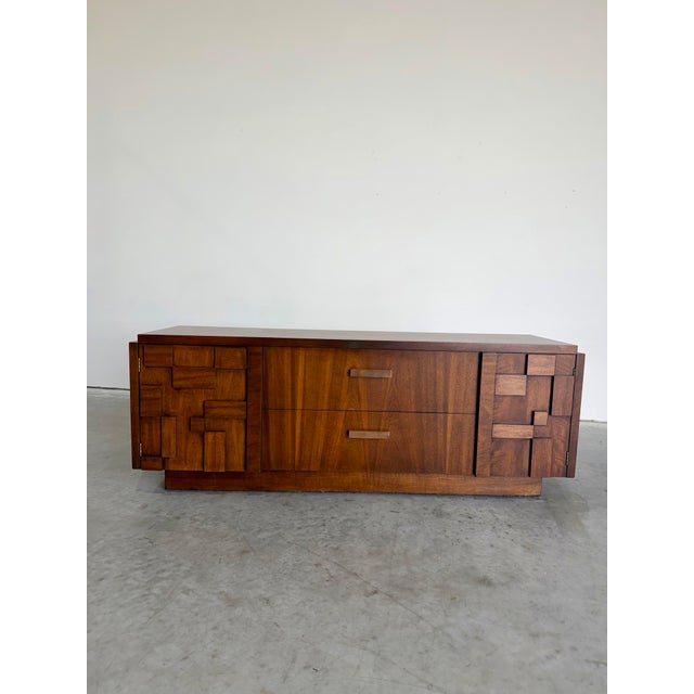 Wood 1970s Lane Staccato Brutalist 2pc Hutch Display Cabinet For Sale - Image 7 of 12
