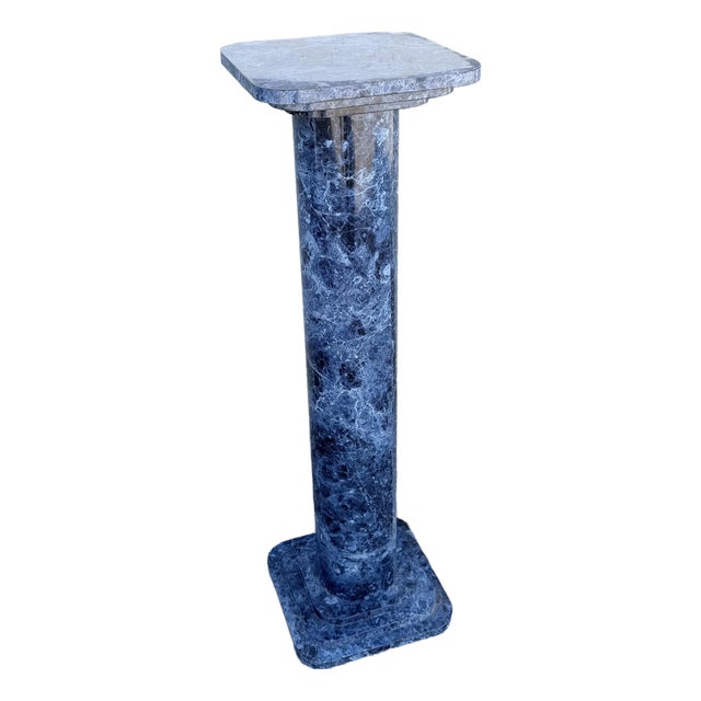 Vintage Postmodern Faux Blue Marble Architectural Pedestal Plant Stand For Sale