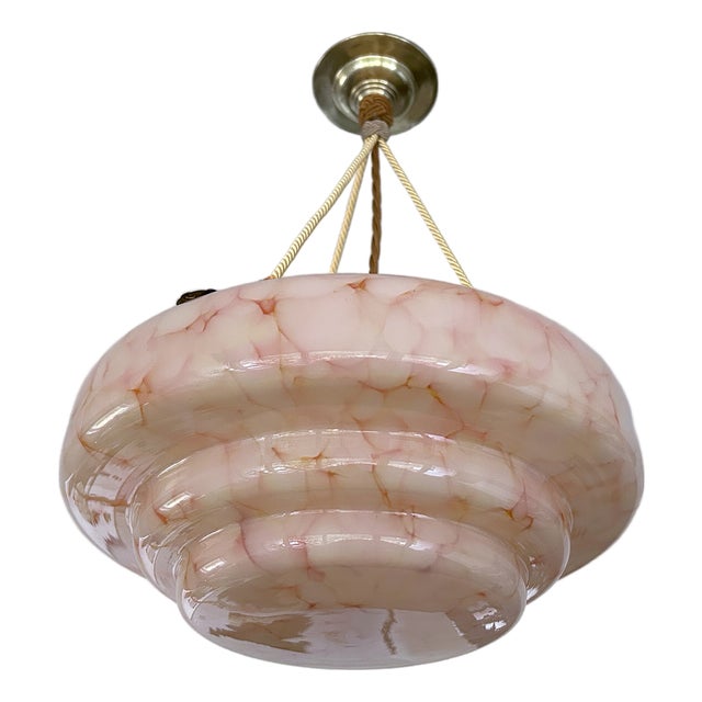 Art Deco Pendant Light in Pink Marble Glass, 1930s For Sale