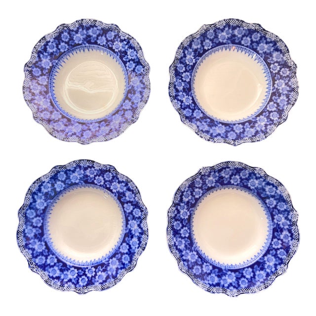 Antique Flow Blue "Grace" by Grindley Soup Bowls – Set of 4 For Sale