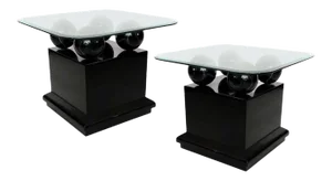 Postmodern Lacquered Side/End Tables with Faux Black Marble Spheres - A Pair
