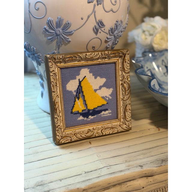 Textile Small Vintage Sailboat Needlepoint, Framed For Sale - Image 7 of 7