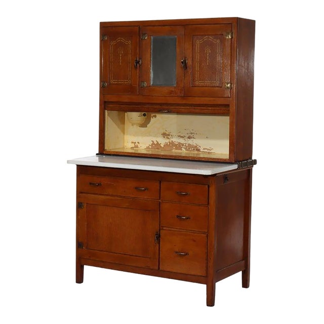 Antique Hoosier Oak Porcelain Top Cabinet With Mirror Unsigned For Sale