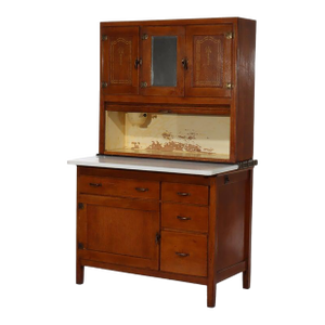 Antique Hoosier Oak Porcelain Top Cabinet With Mirror Unsigned