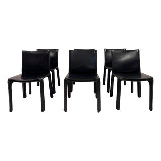 Vintage Black Leather Cab Dining Chairs by Mario Bellini for Cassina, 2000s, Set of 6 For Sale