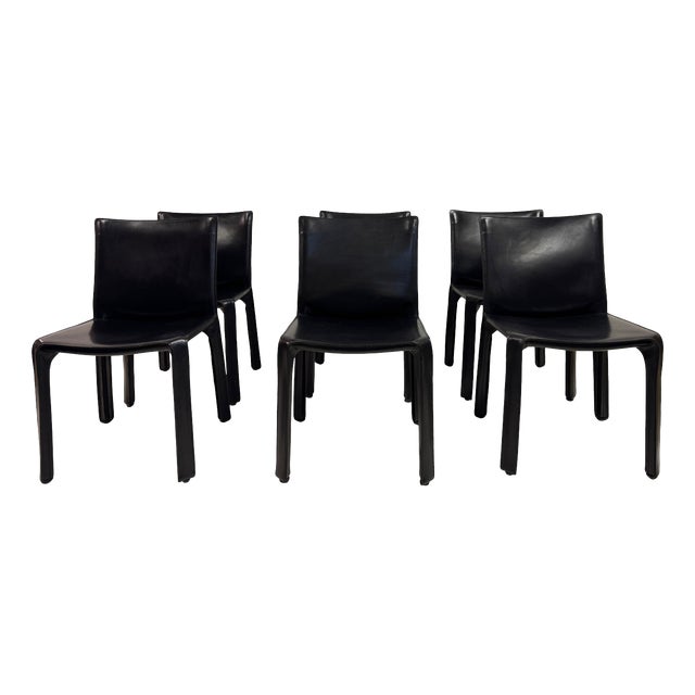 Vintage Black Leather Cab Dining Chairs by Mario Bellini for Cassina, 2000s, Set of 6 For Sale