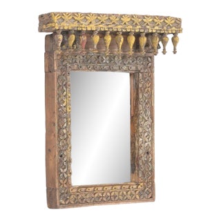 Antique Indian Carved and Painted Teakwood Window – Mirror For Sale