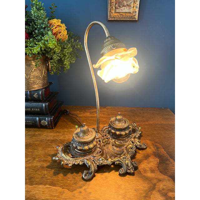 Antique Brass Desk Lamp With Frosted Glass For Sale - Image 13 of 18