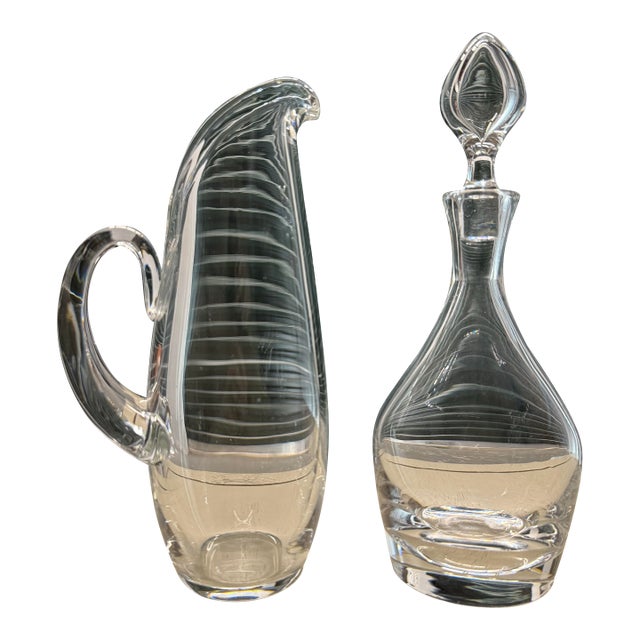 1960s Signed Steuben Martini Pitcher and Teardrop Decanter, a Set For Sale