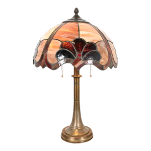 Tiffany Studios Style Arts & Crafts Bronze Table Lamp With Stained Glass Shade, Circa 1930s