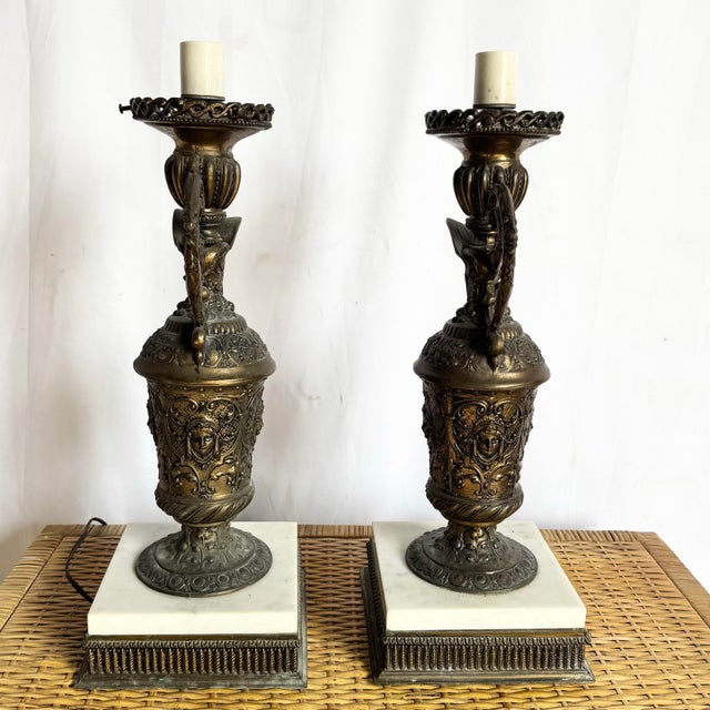 Bronze Antique French Bronze Ewer Converted Oil Lamps With Crystal Tops - A Pair For Sale - Image 8 of 11