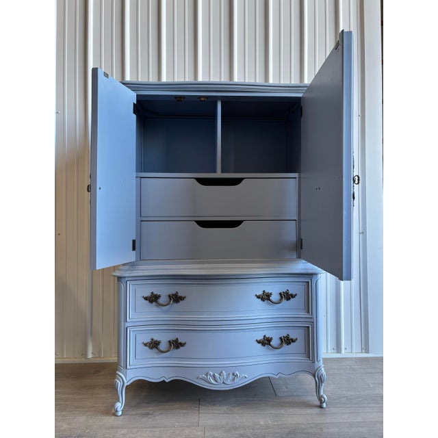 1960s French Provincial Style Armoire Wardrobe Storage in Soft Blue With Carved Details For Sale - Image 4 of 11
