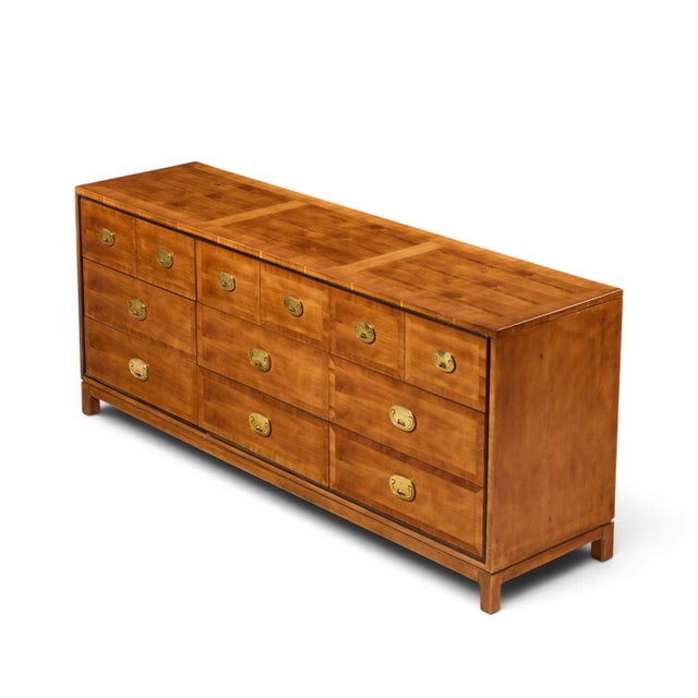 Brown Hickory Manufacturing Mid Century Walnut and Brass Campaign Dresser For Sale - Image 8 of 9