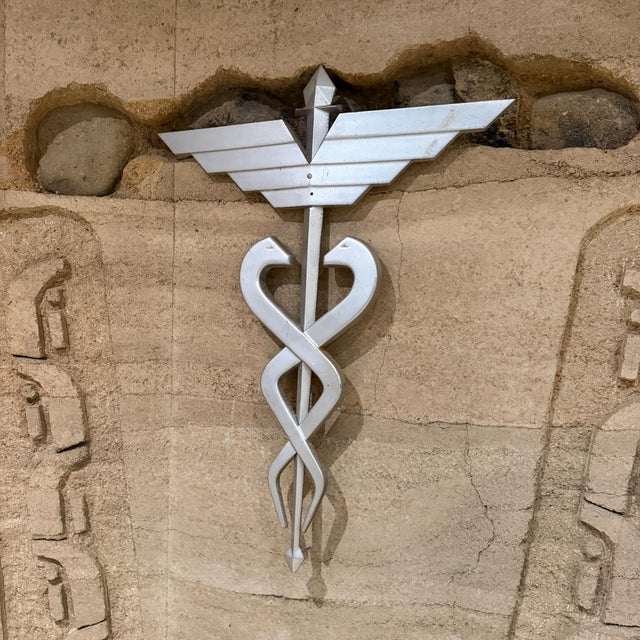 Aluminum Caduceus Symbol Medical Wall Mounted Sculpture Snakes & Wings For Sale In San Diego - Image 6 of 12
