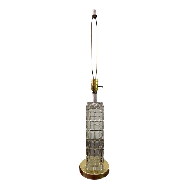 Vintage Portuguese Crystal Column Table Lamp - Faceted Stacked Block For Sale