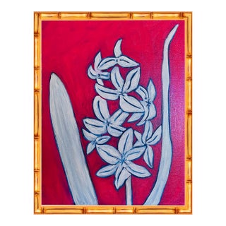 Original Framed Flower Painting, White Red Botanical Wall Art, Oil Sticks on Canvas in Bamboo Frame, 11x14 Minimalist Boho Home Decor For Sale