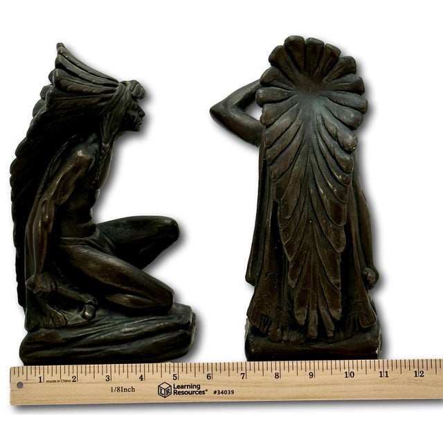 Large & Unusual Antique Native American Indian Motif Bronze Clad Bookends Signed Ruhl - Circa 1910s For Sale - Image 17 of 18
