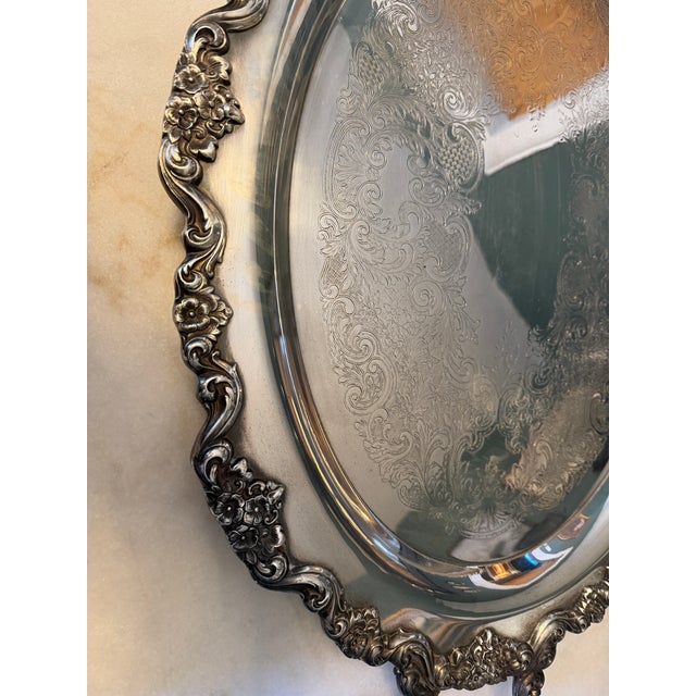 Poole Silver Co. 1950s Poole Lancaster Rose Silverplate Large Oval Footed Serving Platter For Sale - Image 4 of 14