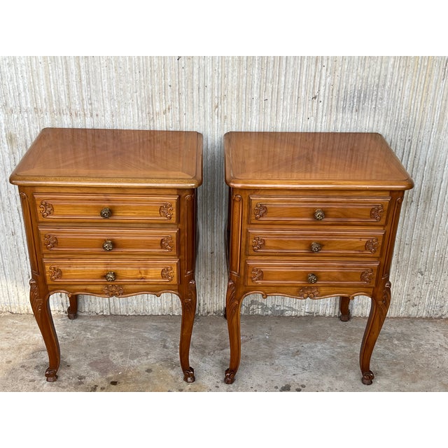 1920s Pair of Louis XVI Style Nightstands With Three Drawers and Cabriole Legs For Sale - Image 5 of 13