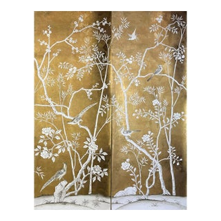 2-Piece Gold Chinoiserie Bird Mural for Bedroom or Entryway For Sale