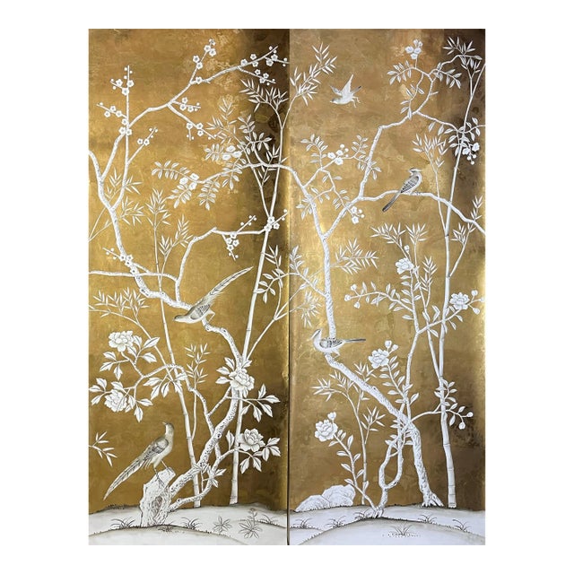 2-Piece Gold Chinoiserie Bird Mural for Bedroom or Entryway For Sale