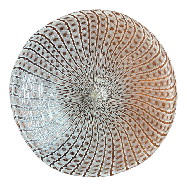 Vintage Murano Zanfrico Latticino White Gold Ribbon Centerpiece Bowl For Sale