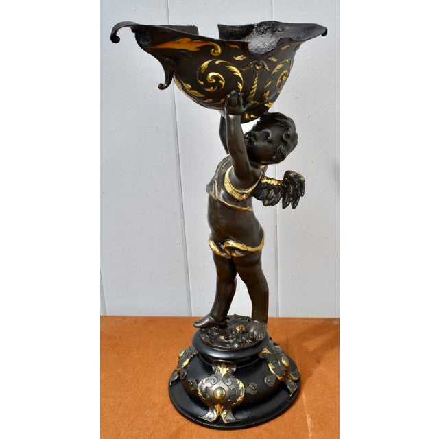Metal Antique Gilt Bronze Cherub Figure Holding Shell Form Centerpiece Bowl For Sale - Image 7 of 18