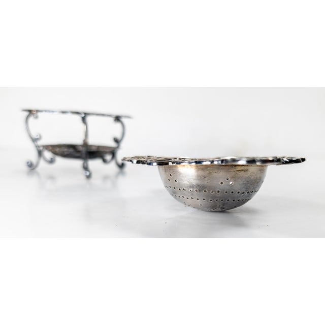 Metal 19th or 20th Century Silverplate Tea Strainer and Stand For Sale - Image 7 of 15