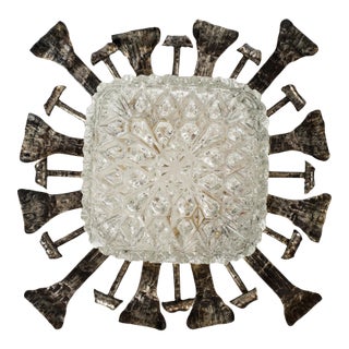 1950s Spanish Brutalist Flush Mount Ceiling Light – Silvered Wrought Iron & Heavy Embossed Glass For Sale