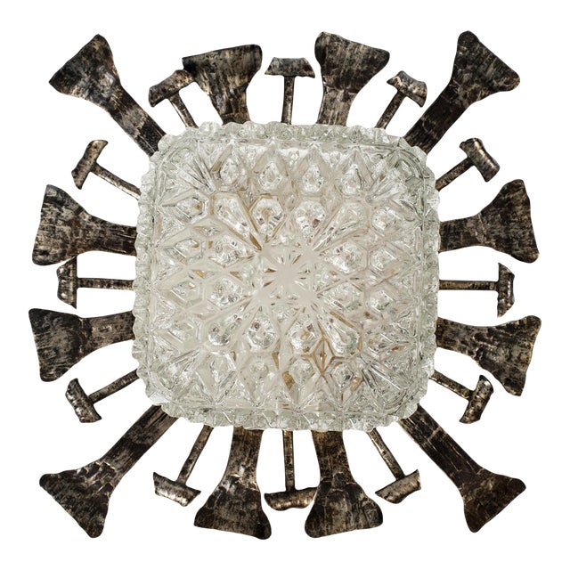 1950s Spanish Brutalist Flush Mount Ceiling Light – Silvered Wrought Iron & Heavy Embossed Glass For Sale