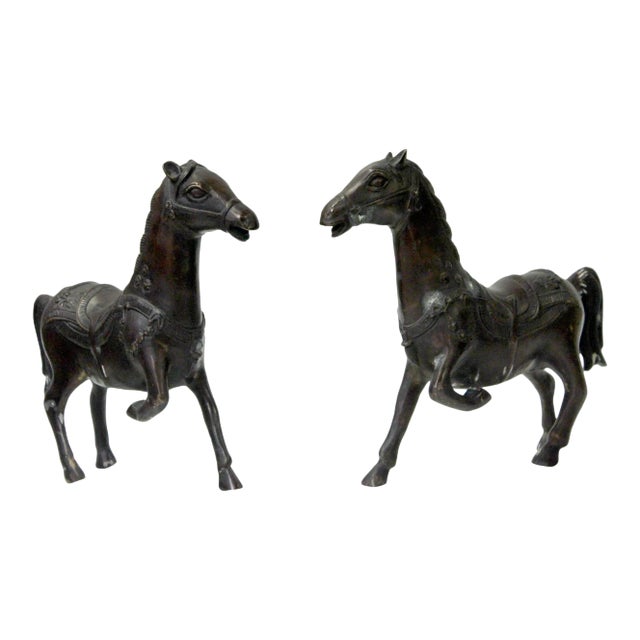 Chinese Bronze Brown Metal Racing Horse Figures - a Pair For Sale