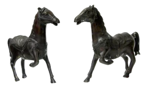 Chinese Bronze Brown Metal Racing Horse Figures - a Pair