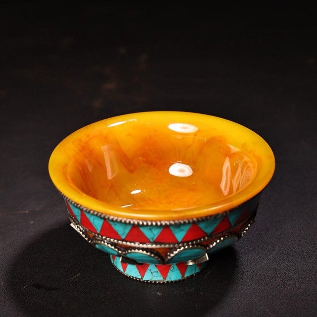 Asian Tibetan/Nepalese Style Handmade Amber Butter Bowl — Inlaid Turquoise, Coral & Filigree Metal For Sale - Image 3 of 9