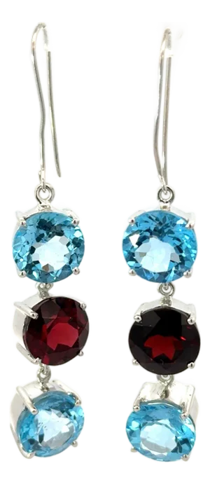 Stunning Red Garnet & Topaz Round Cut Dangling Earrings in Solid Silver- 2 Pieces