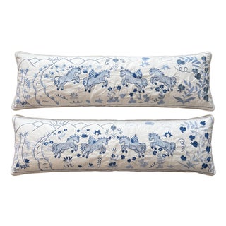 White Horse Suzani Lumbar Pillow Cover 18'' X 56'' - Set of Two For Sale