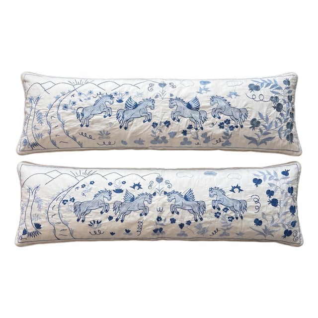 White Horse Suzani Lumbar Pillow Cover 18'' X 56'' - Set of Two For Sale