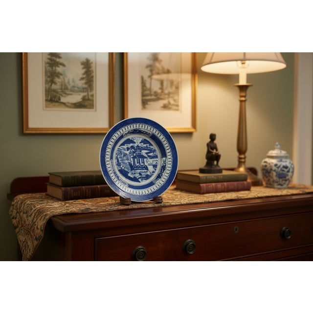 Antique 19th Century Chinese Canton Blue & White Export Porcelain 8.5" Scenic Bowl & Stand For Sale - Image 12 of 12