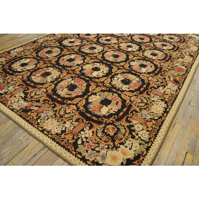 1980s Black Roses Circle Vintage Chinese European Needlepoint Woven Wool Rug For Sale - Image 11 of 11