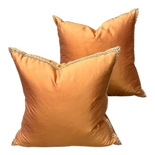 Orange Italian Pure Silk Pillows - a Pair For Sale