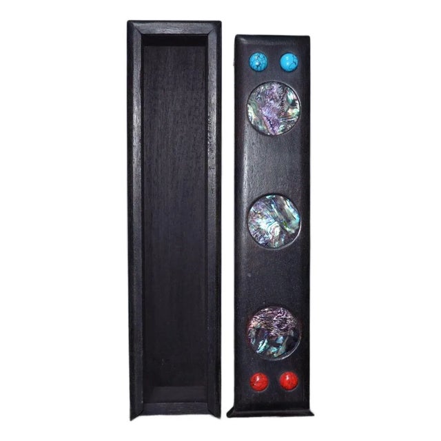 Vintage Rosewood Sliding Box With Abalone Shell & Turquoise Inlay - Long Jewelry or Incense Box For Sale