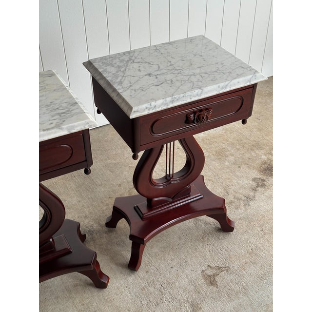 Pair of Vintage Marble-Top Lyre Pedestal Tables For Sale - Image 9 of 15