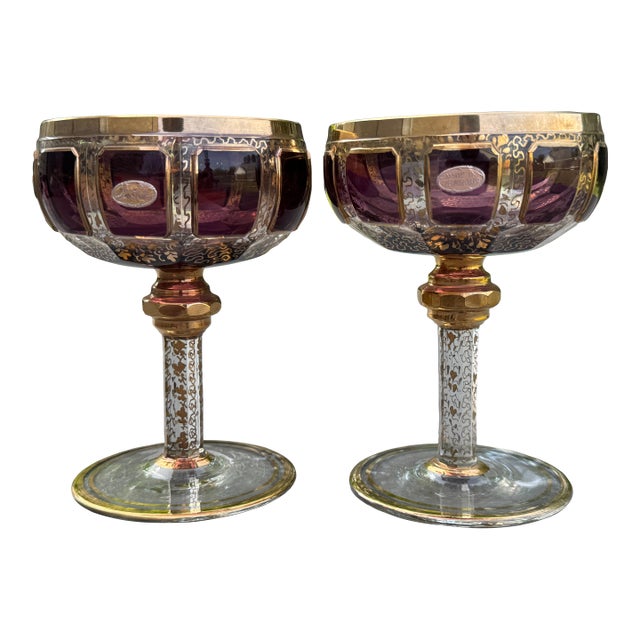 Early 1900s Moser Czech Bohemian Amethyst Paneled Cabochon 24k Champagne Coupes - A Pair For Sale