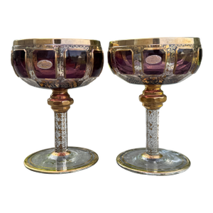 Early 1900s Moser Czech Bohemian Amethyst Paneled Cabochon 24k Champagne Coupes - A Pair