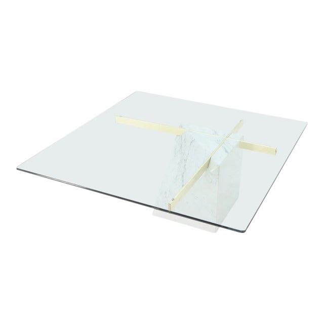 Brass and Marble Base Glass Top Square Coffee Table For Sale