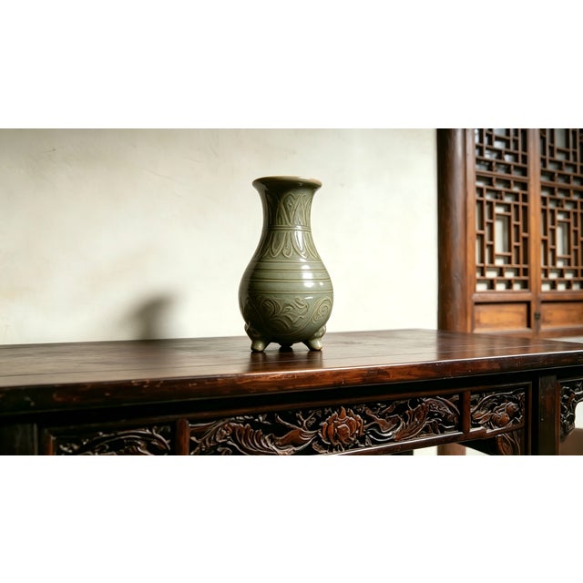 Chinese Ceramic Censer Hand Carved Yaozhou Ware Celadon Three Legs Censer For Sale - Image 4 of 12