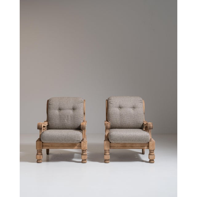 Pair of 1970s French Tan Brutalist Oak Upholstered Armchairs For Sale In Greensboro - Image 6 of 15